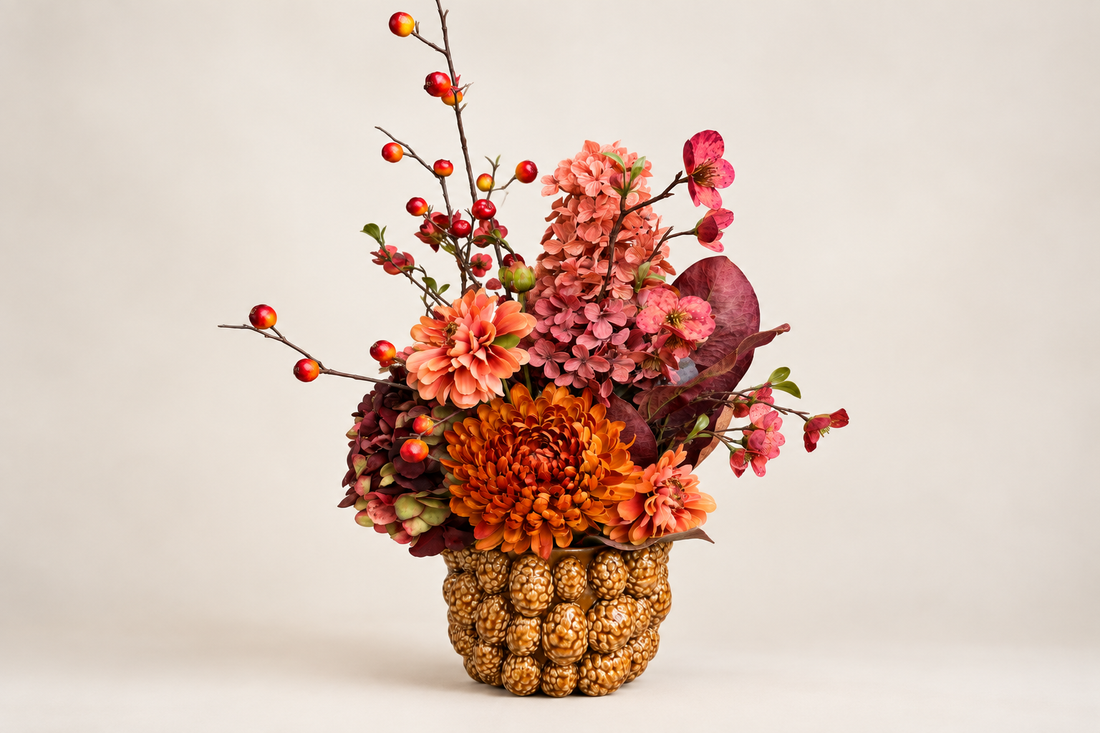 Herbstgesteck mit orangefarbenen Chrysanthemen, Hortensien und Zieräpfeln in einer Zapfenvase aus Keramik
