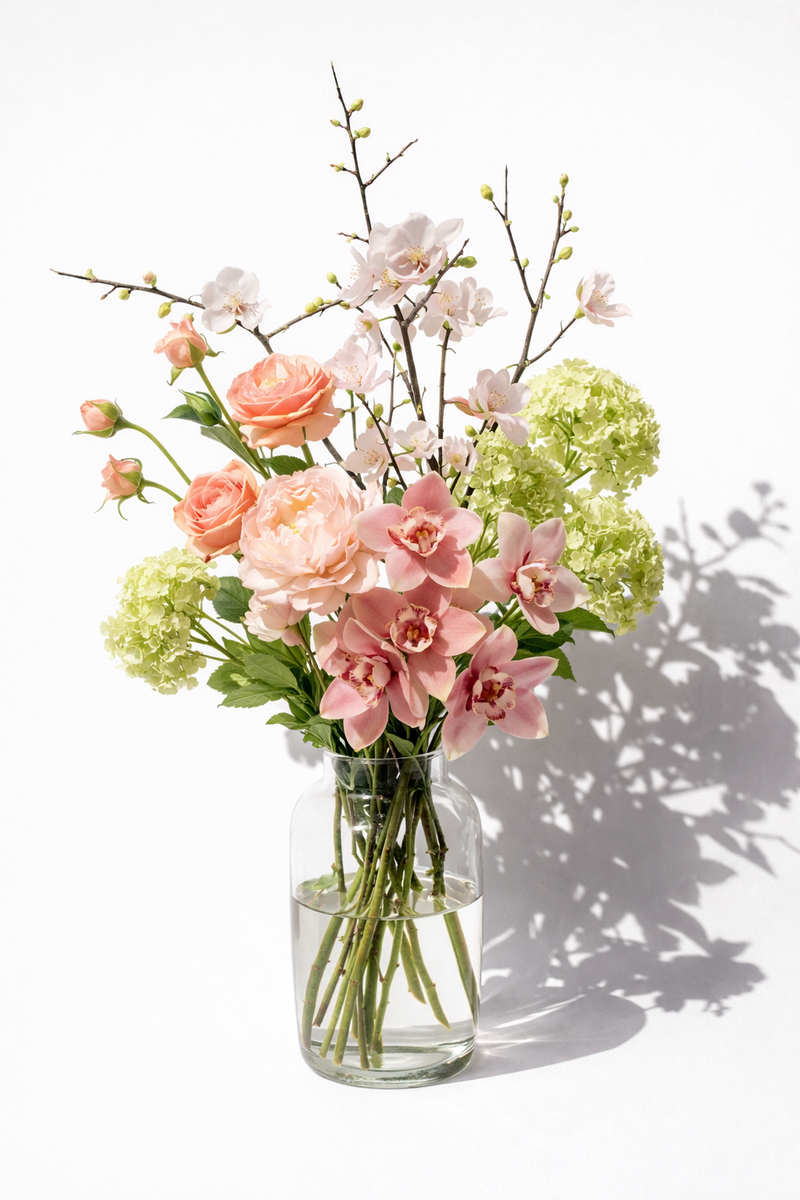 Blumenstrauß aus Kunstblumen in Glasvase 