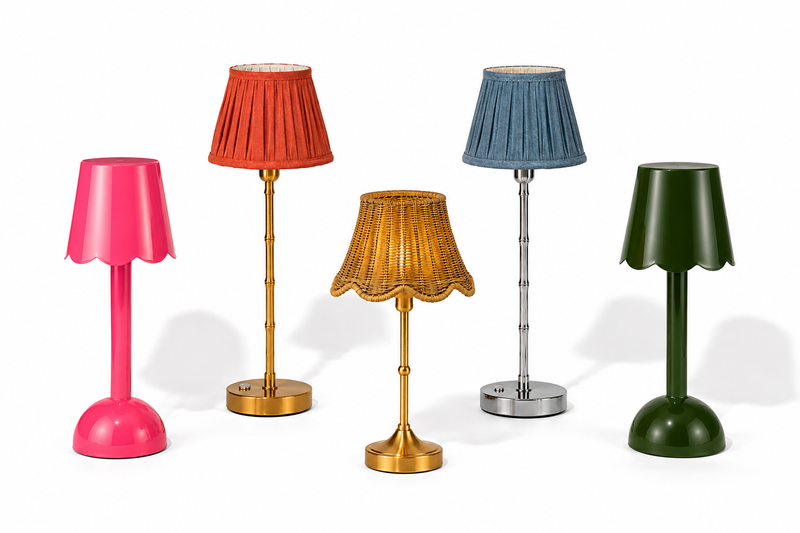 Elegante, kabellose Tischlampe mit warmweißem Licht auf einer festlich gedeckten Tafel mit Keramik und Leinen von Table Desires