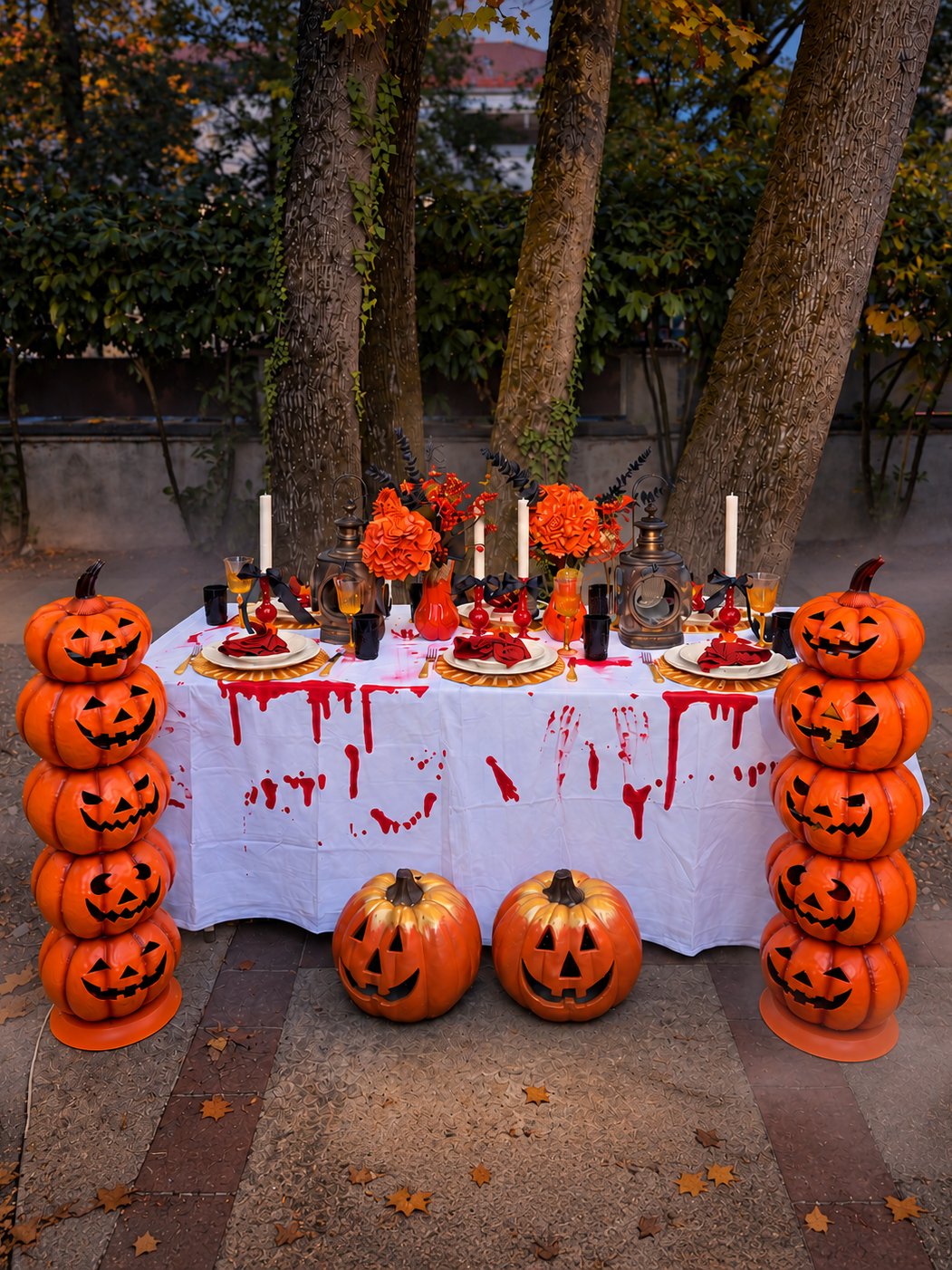 Halloween-Tischdeko: gedeckter Tisch mit Kürbistürmen, Kürbis-Vasen und schwarzen Gläsern