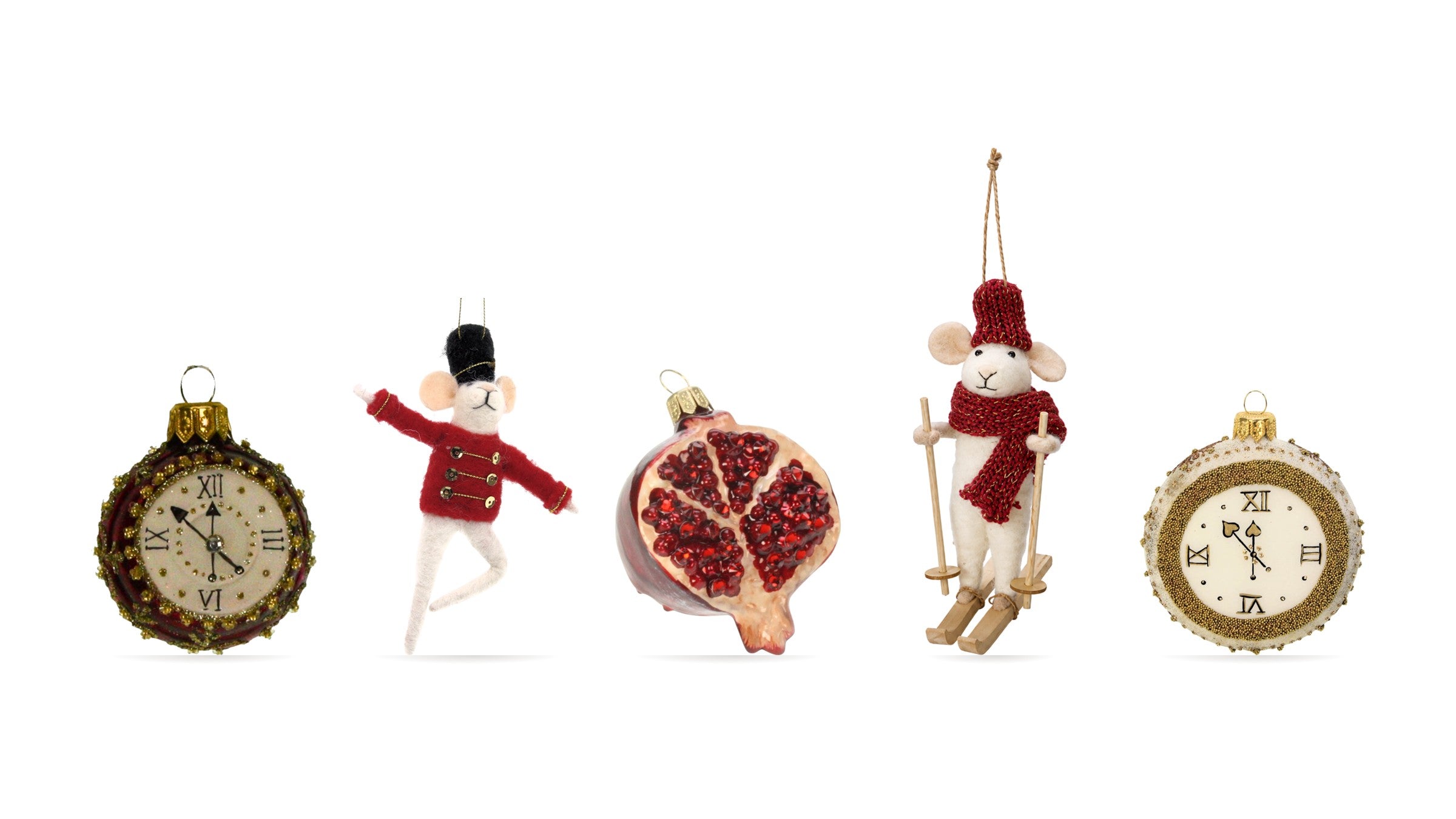 Christbaumschmuck: Glaskugeln als Taschenuhr, Granatapfel-Anhänger und Filzmäuse