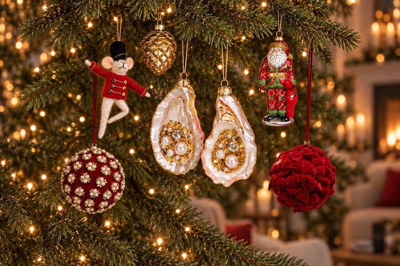 Christbaumschmuck am Baum: Austern-Anhänger mit Perlen, Filzmaus als Nussknacker, Samtkugel und Weihnachtsmann aus Glas