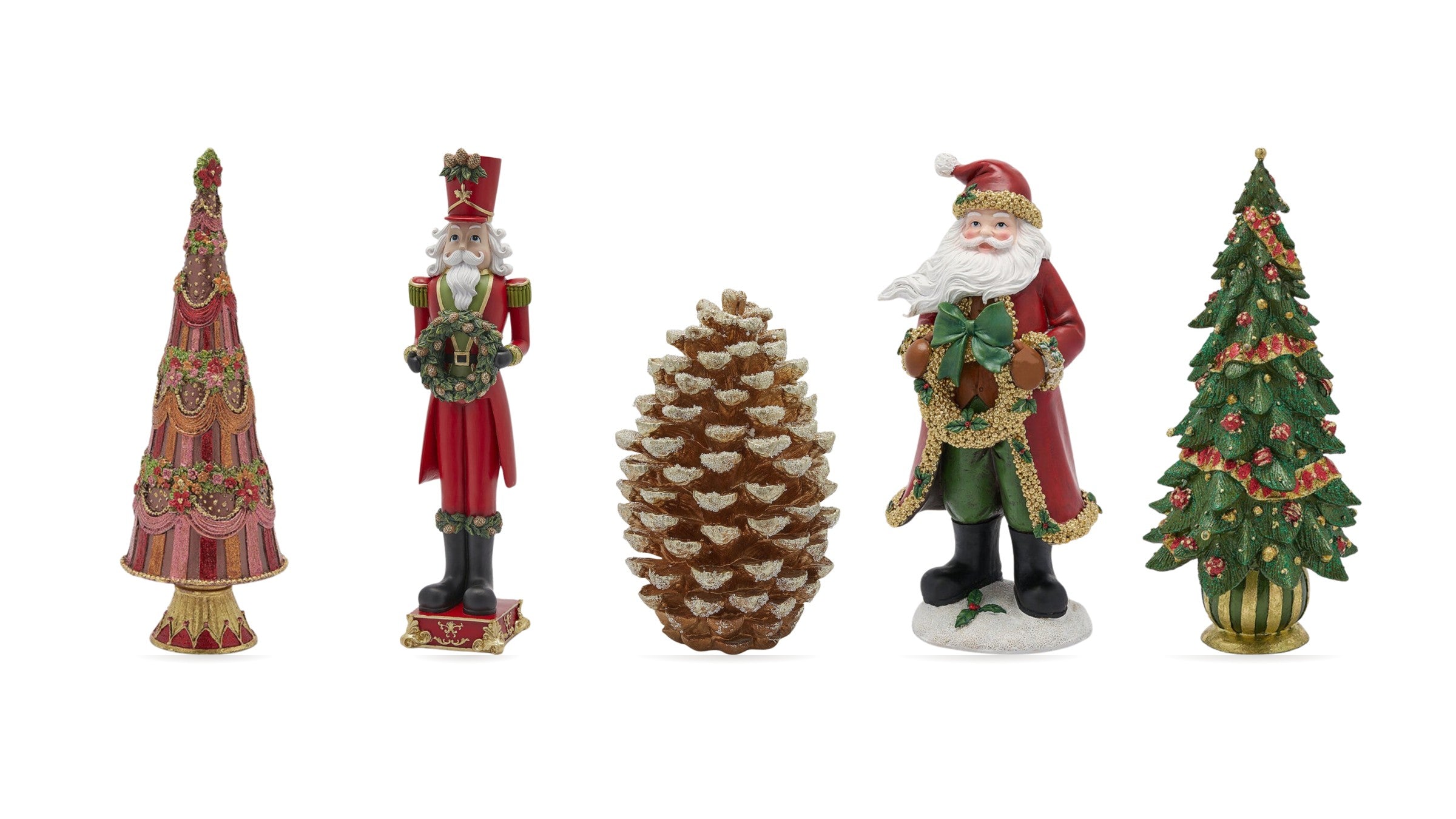 Nussknacker, Weihnachtsmann, Glitzertannen und goldener Deko-Zapfen