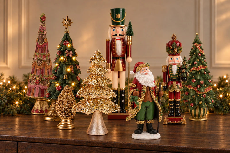 Deko-Bäume und Figuren zu Weihnachten: Nussknacker, Weihnachtsmann, goldener Paillettenbaum und beleuchtete Tannenbäume