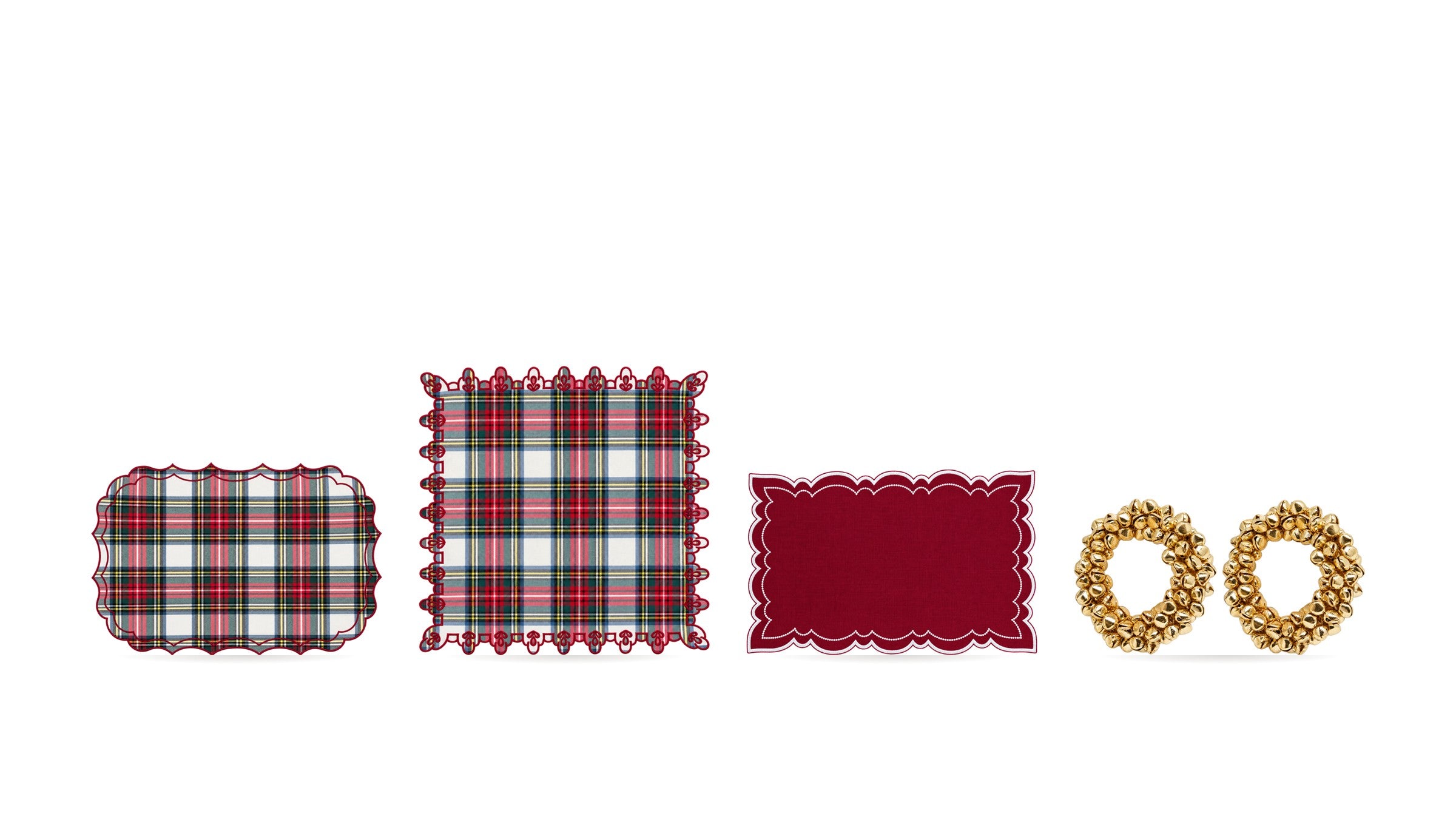 Festliche Tischwäsche: Tartan-Tischsets, Servietten und goldene Serviettenringe