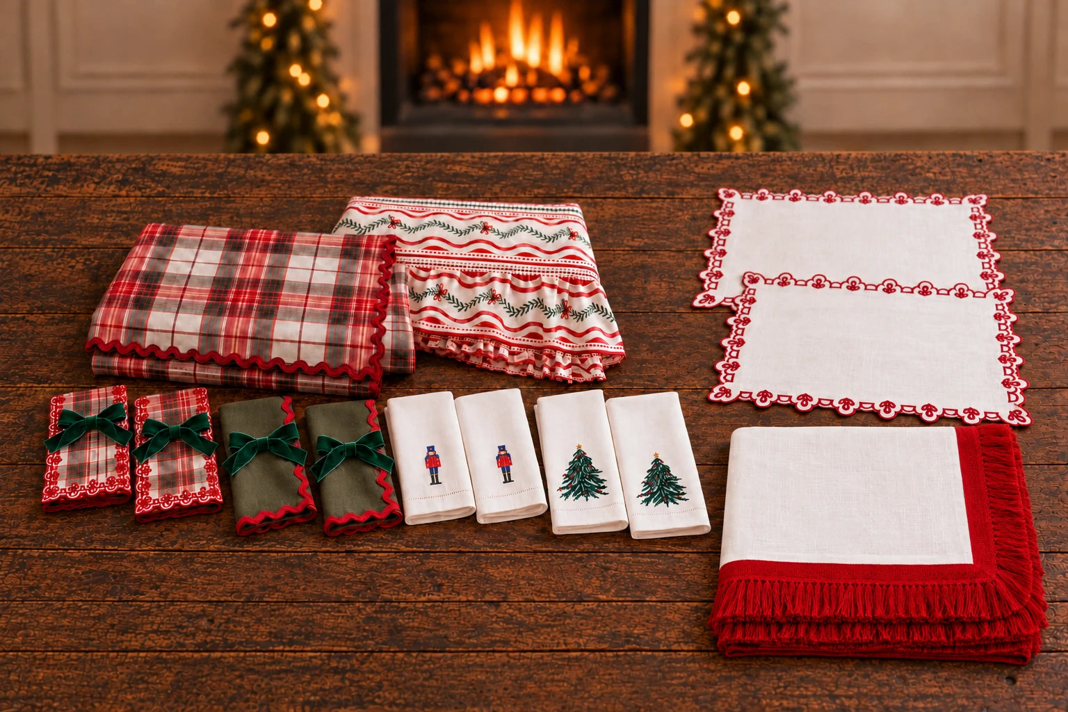 Festliche Tischwäsche: Tartan-Tischdecke, Servietten mit Samtschleife und Stickerei, Tischsets mit roter Bordüre