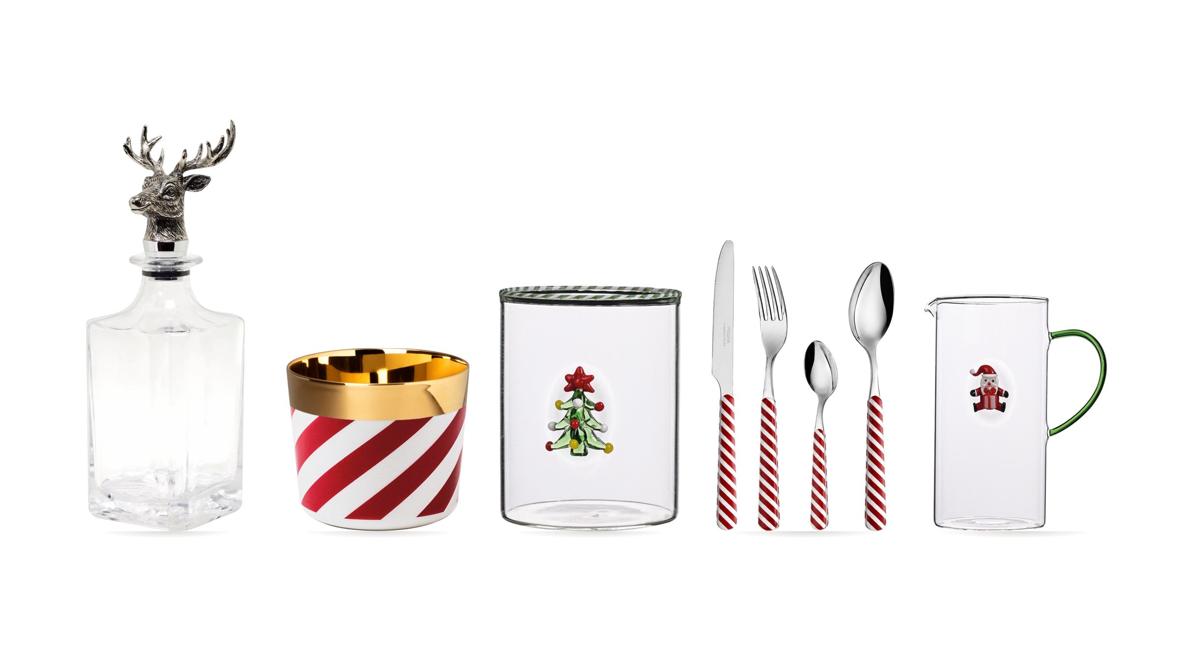 Whiskykaraffe Hirsch, Champagnerbecher Zuckerstange, Weihnachtsglas und Zuckerstangen-Besteck
