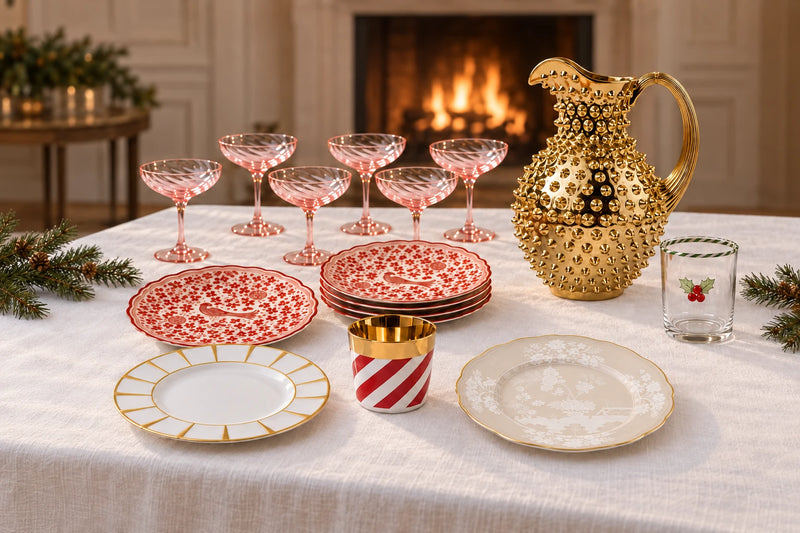 Festtafel zu Weihnachten: rosa Coupe-Gläser, rot bemalte Teller, Goldrand-Porzellan und goldener Hobnail-Krug vor dem Kamin
