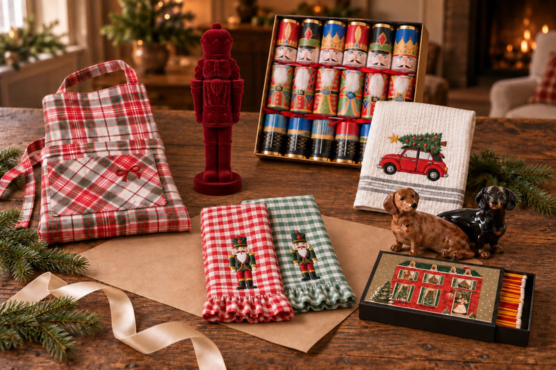 Kleine Weihnachtsgeschenke: Tartan-Schürze, Samt-Nussknacker, Knallbonbons, bestickte Geschirrtücher, Dackel aus Keramik und Streichhölzer