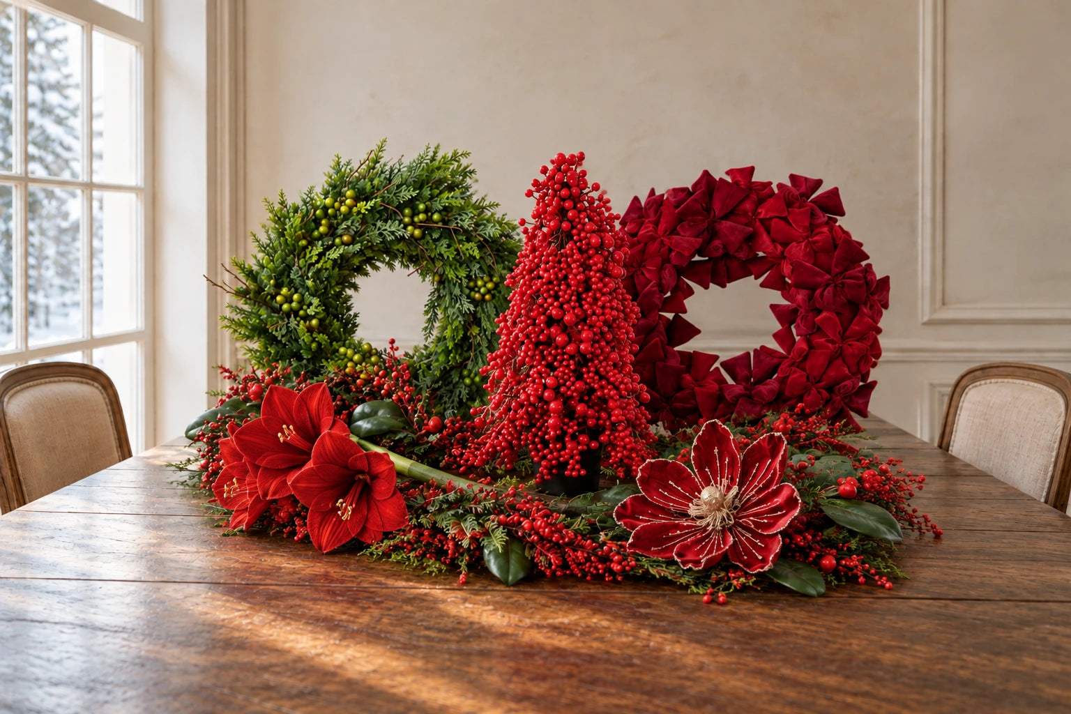 Weihnachtliche Zweige, Kränze und Blumen: Tannenkranz, Samtschleifen-Kranz, roter Beerenbaum und Amaryllis