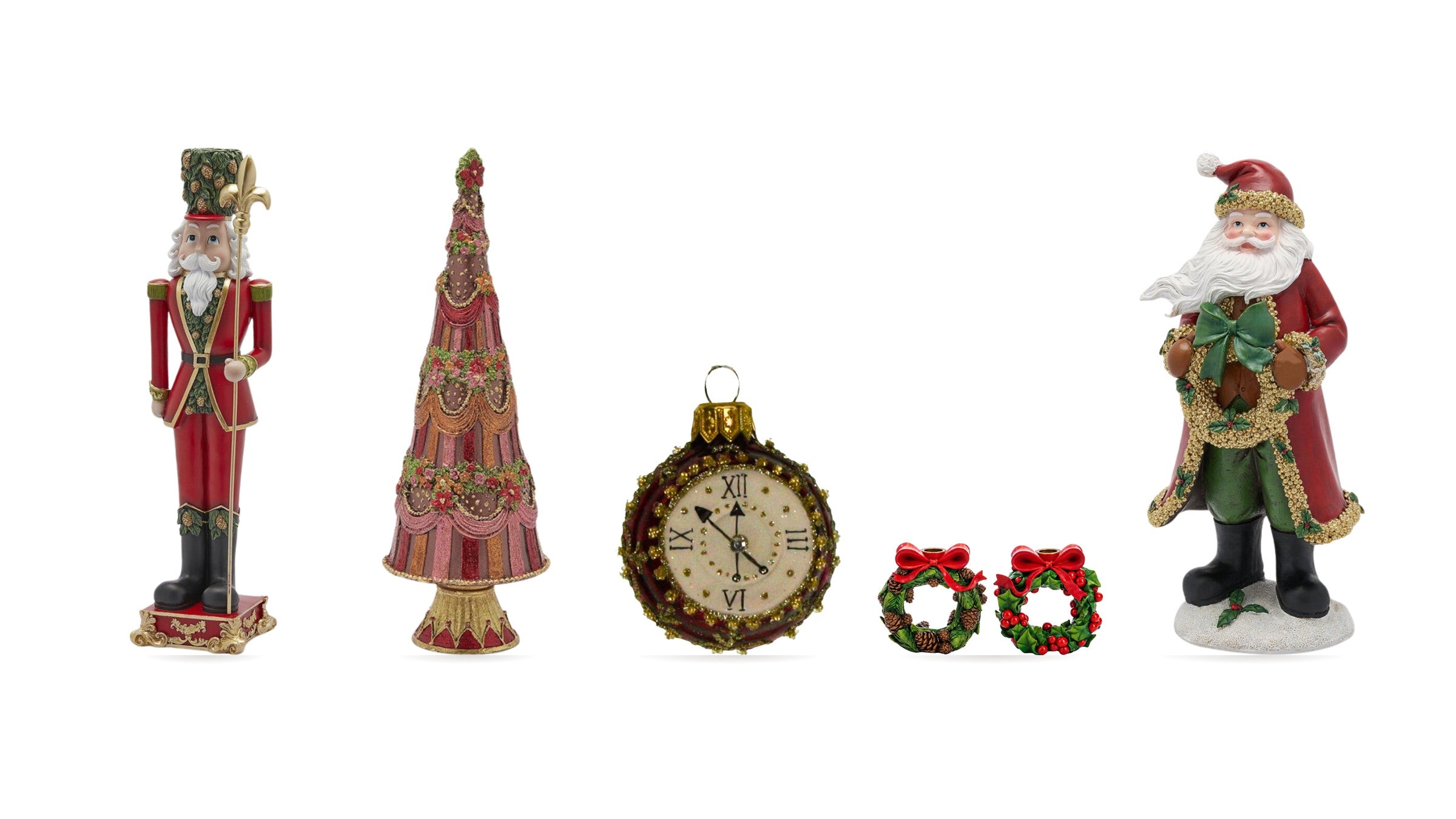 Weihnachtsdeko 2026: Nussknacker, Glitzertanne, Christbaumkugel, Kerzenhalter im Kranz und Weihnachtsmann