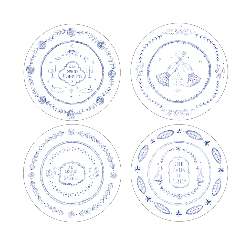 Speiseteller mit französischen Sprüchen Blau, 4er-Set
