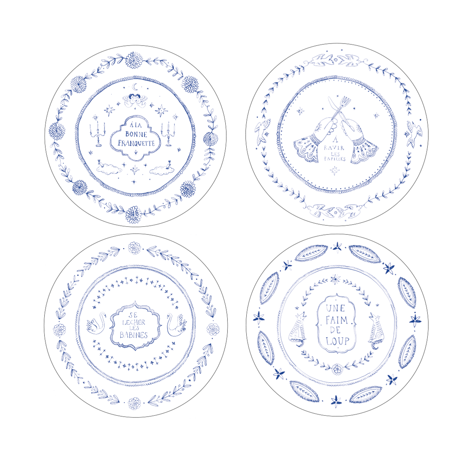 Speiseteller mit französischen Sprüchen Blau, 4er-Set