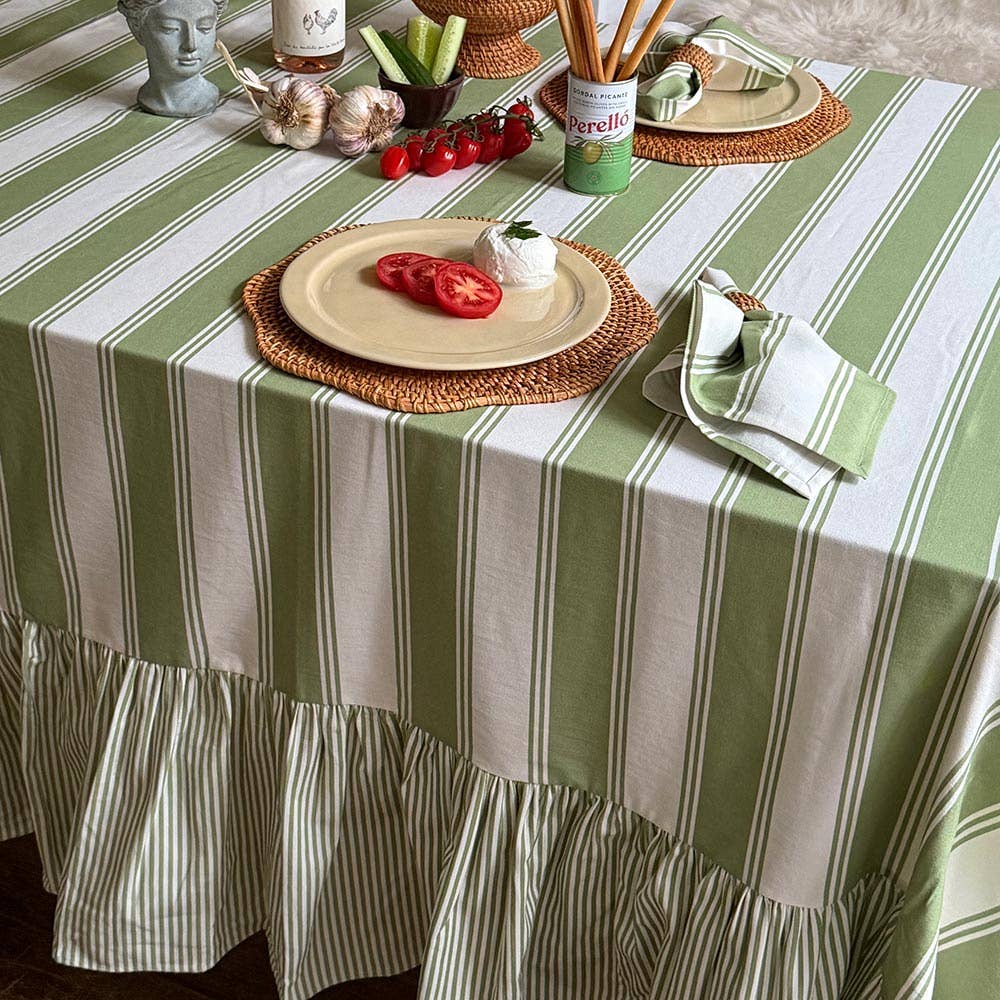 Striped ruffled tablecloth in green made of cotton