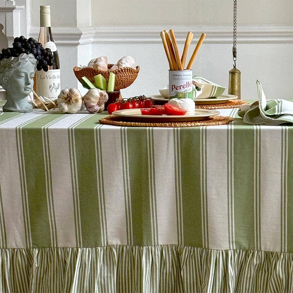 Striped ruffled tablecloth in green made of cotton
