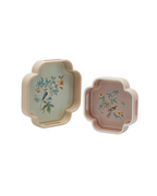 Chinoiserie Tablett 2er Set aus lackiertem Holz in Hellblau und Rosa mit Vogelmotiv