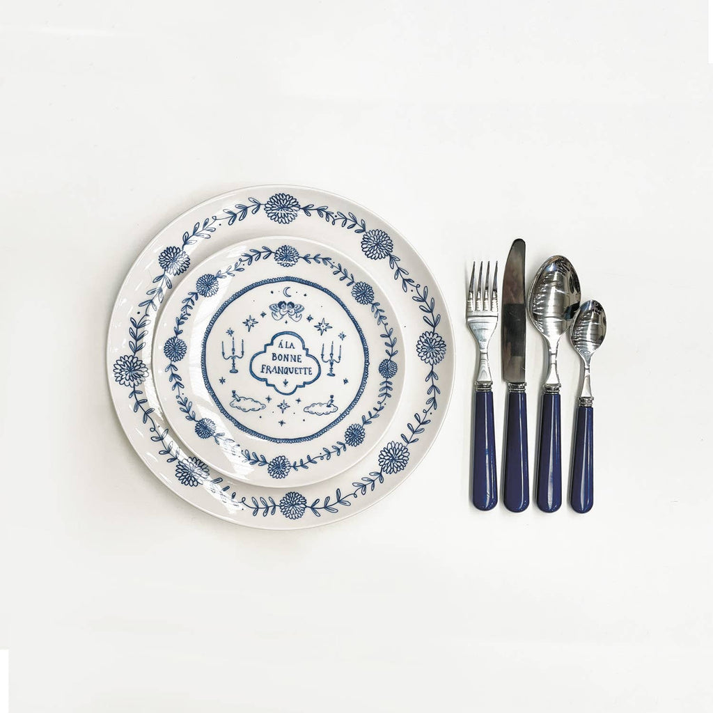 Dessertteller mit französischen Sprüchen Blau, 4er-Set