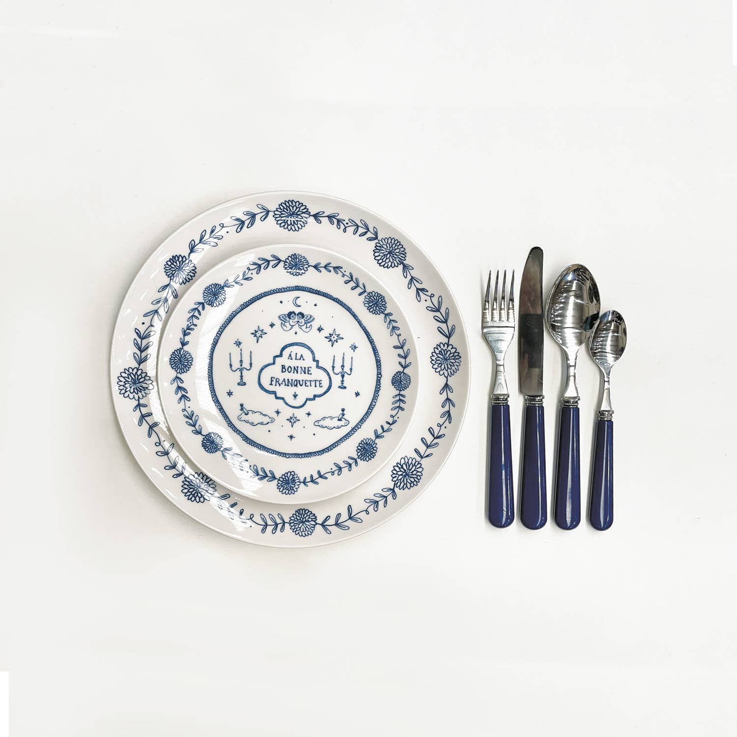 Dessertteller mit französischen Sprüchen Blau, 4er-Set