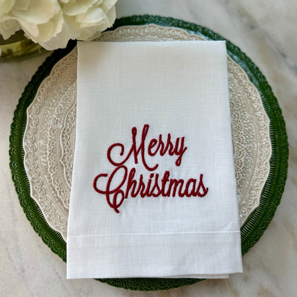 Merry Christmas Linen Napkin White (Set of 4)