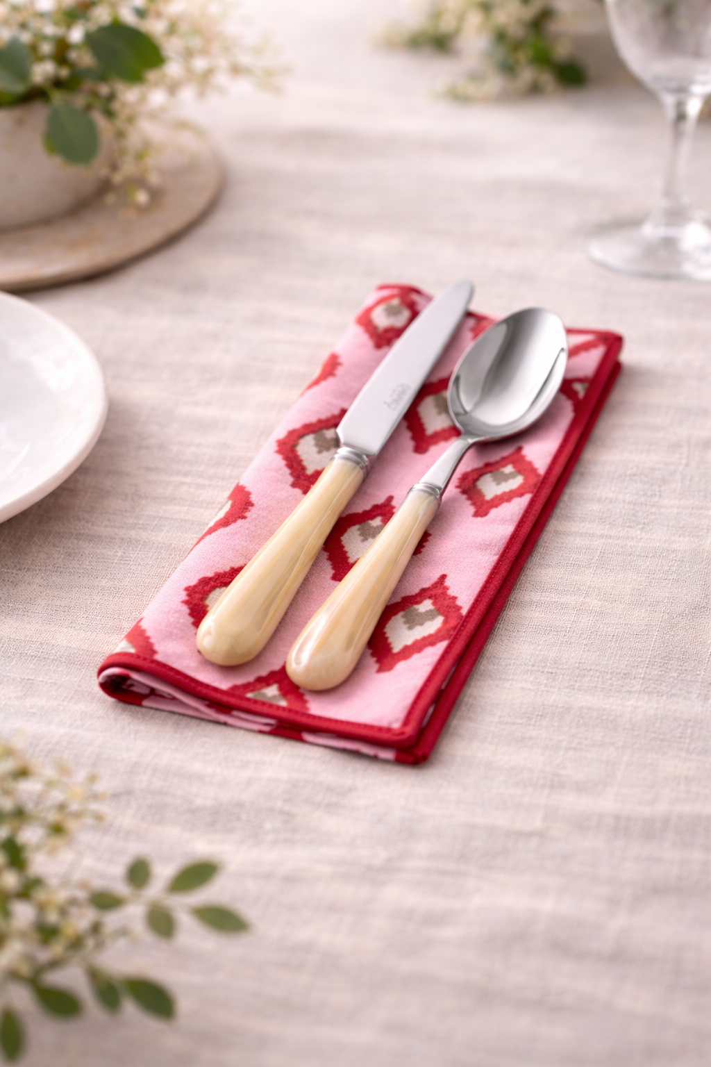 Handbedruckte Baumwolleserviette Rosa-Rot, 4er