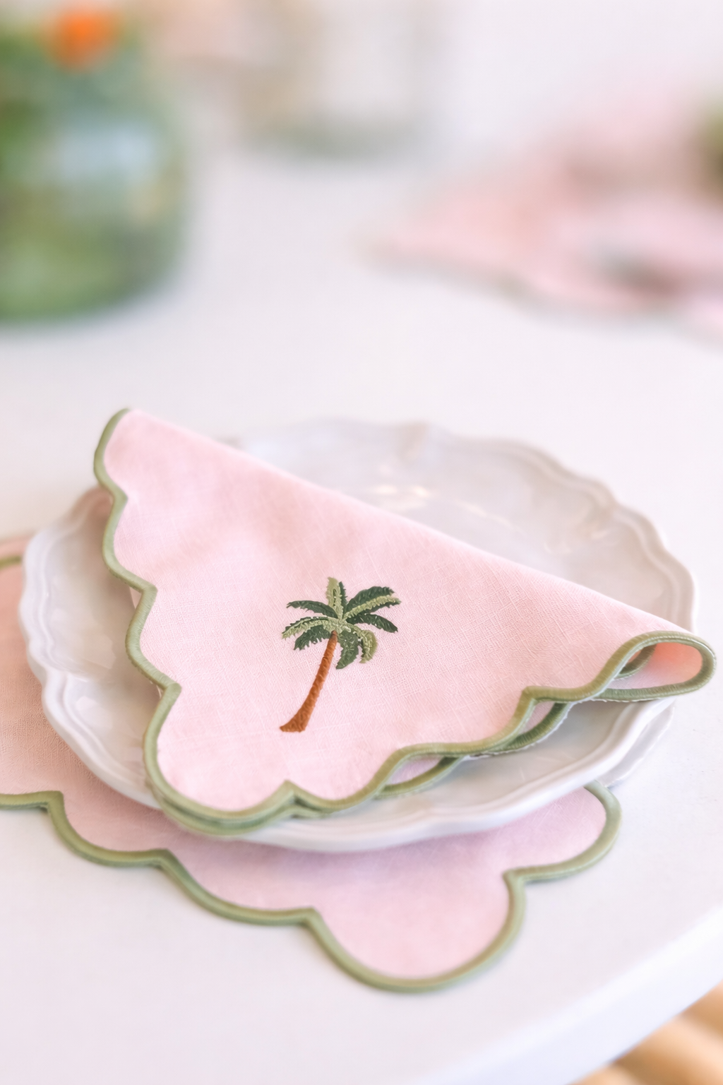 Stoffserviette mit Palmenstickerei Rosa-Grün, 2er Set