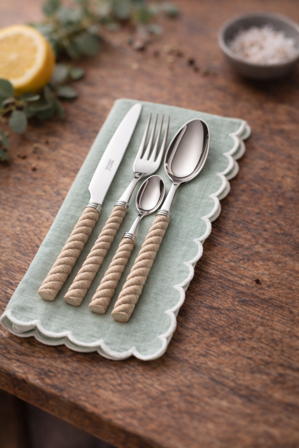 Cutlery set with cord, beige (6 people), 24 pieces