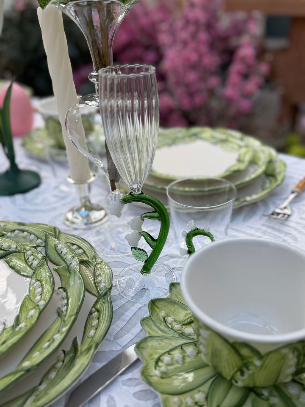 Handgefertigtes Borosilikat Sektglas Maiglöckchen Grün-Weiß