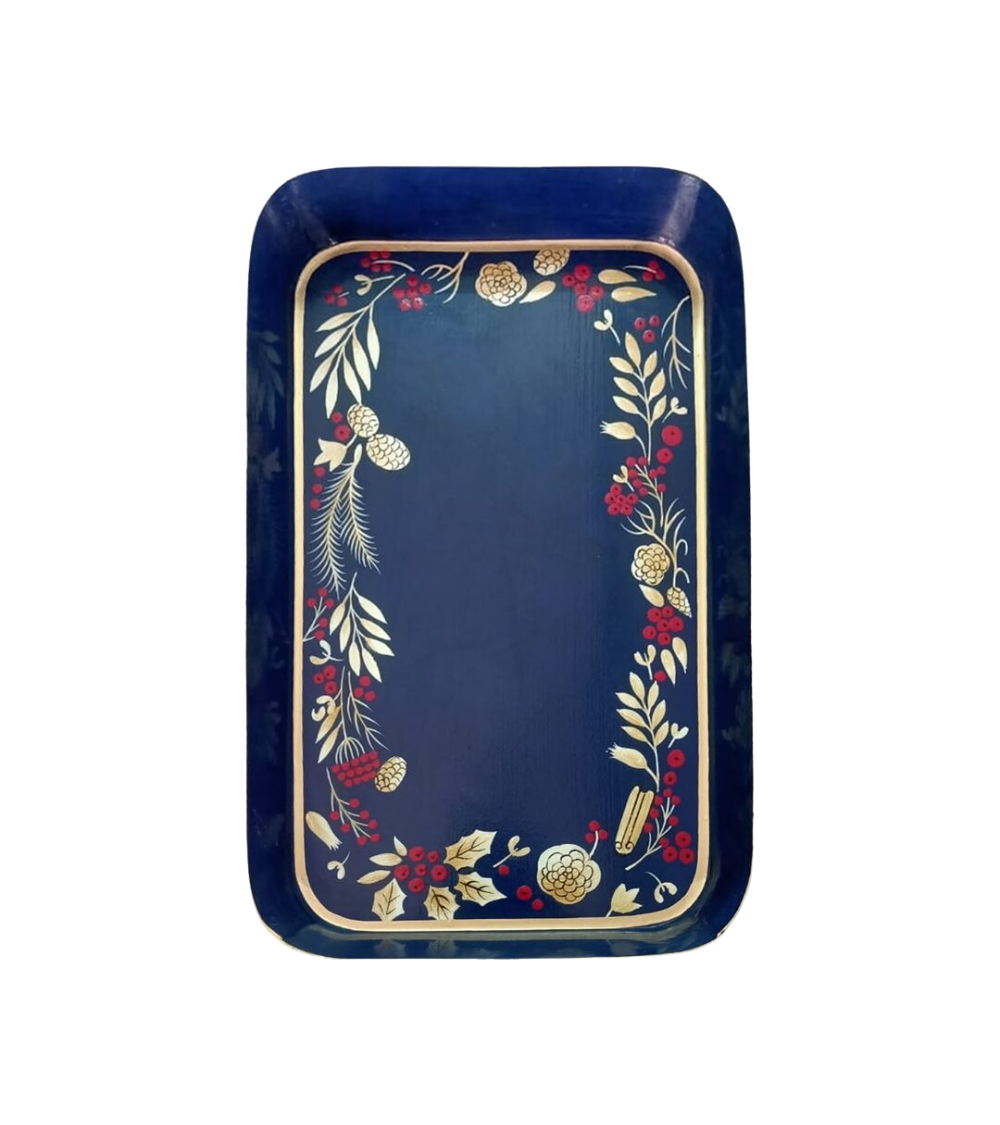 Handbemaltes Eisentablett Winterbeeren – Blau
