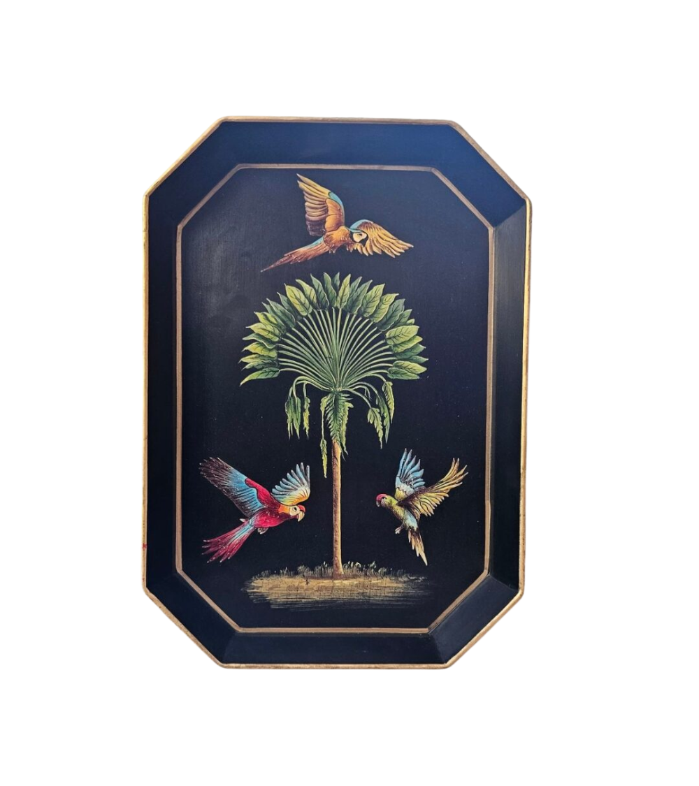 Handbemaltes Eisentablett „Papageien & Palme“ – Schwarz