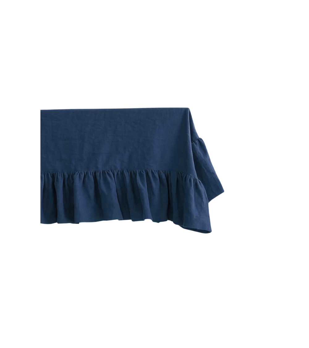 Linen tablecloth with ruffled edge – Dark blue