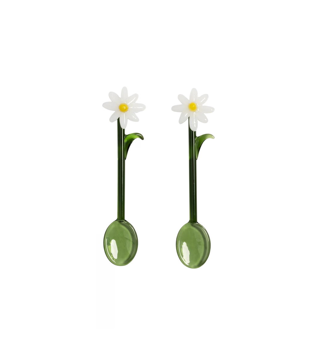 Handmade glass spoons, green and white, set of 2
