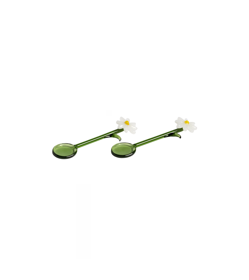 Handmade glass spoons, green and white, set of 2