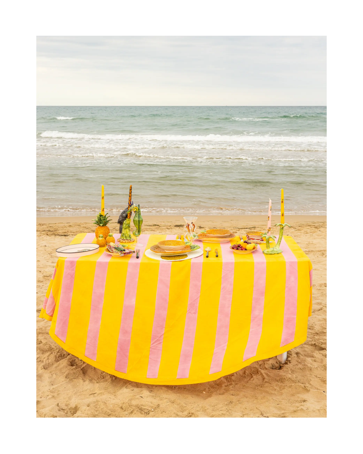 Runde Baumwolltischdecke Gelb-Rosa gestreift – Table Desires