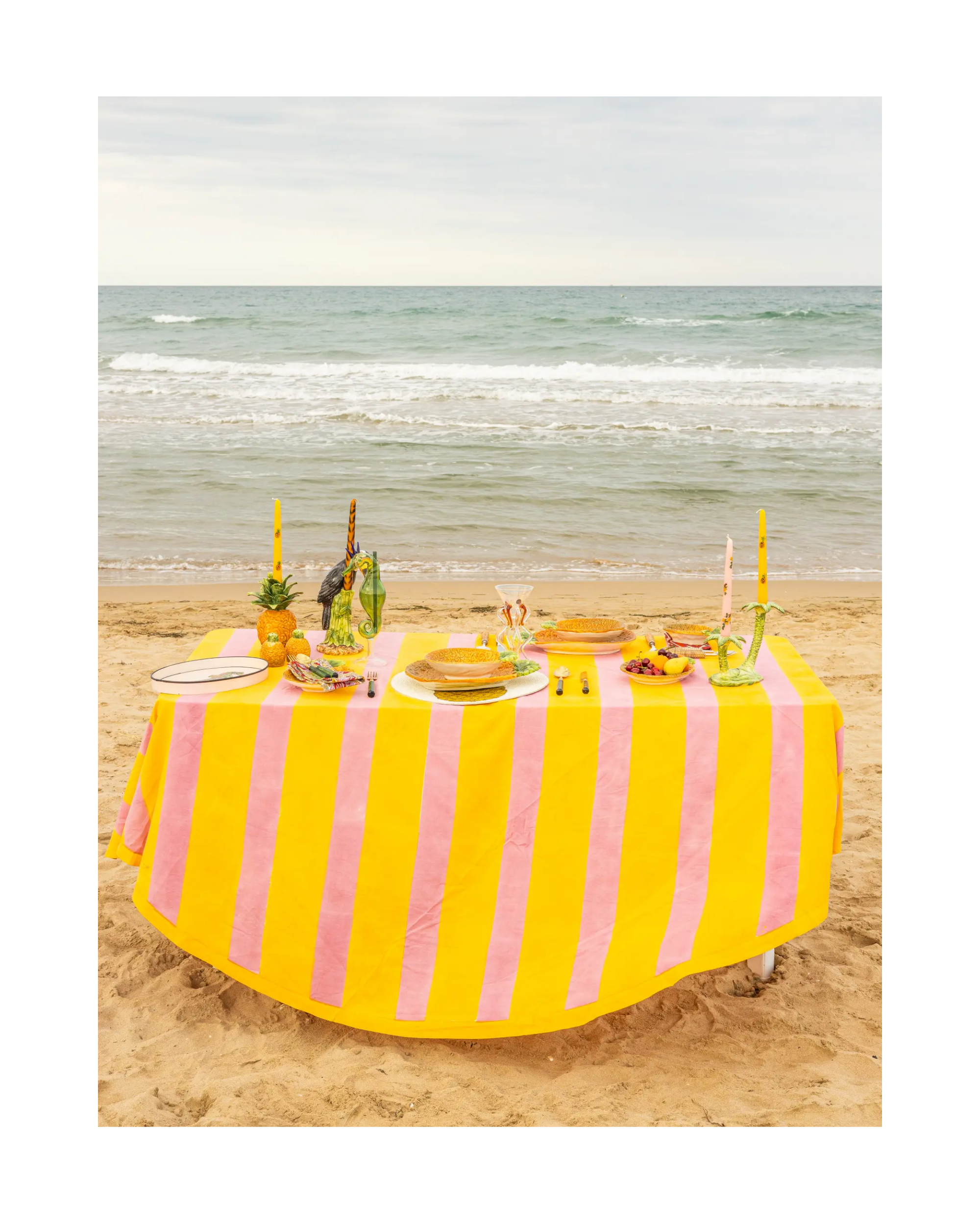 Runde Baumwoll Tischdecke Gelb-Rosa gestreift