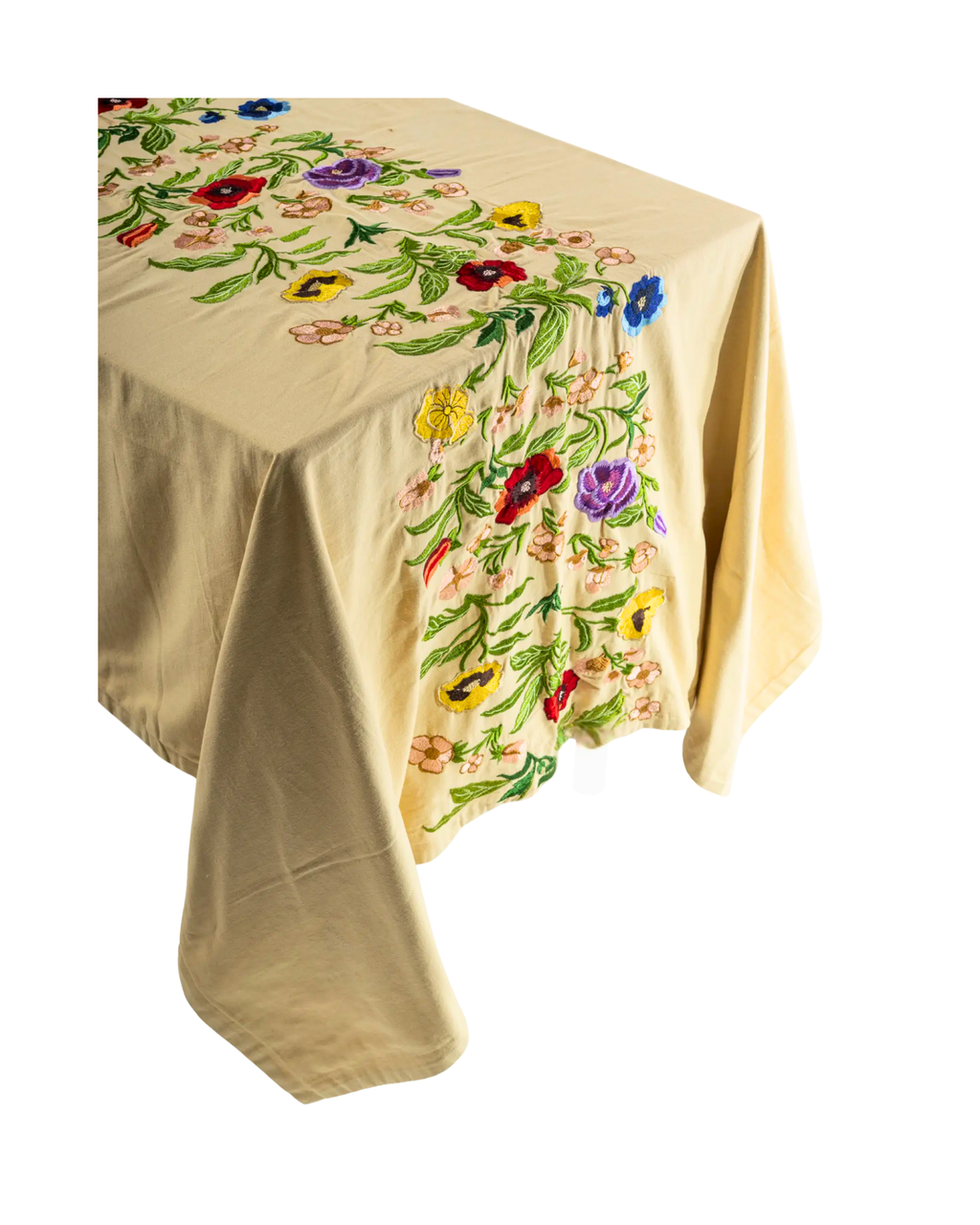 Embroidered cotton tablecloth, floral design, yellow