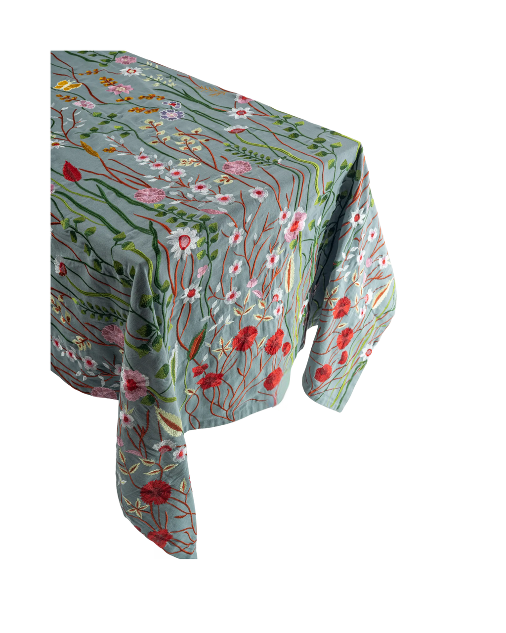 Embroidered cotton tablecloth, floral design, blue-green