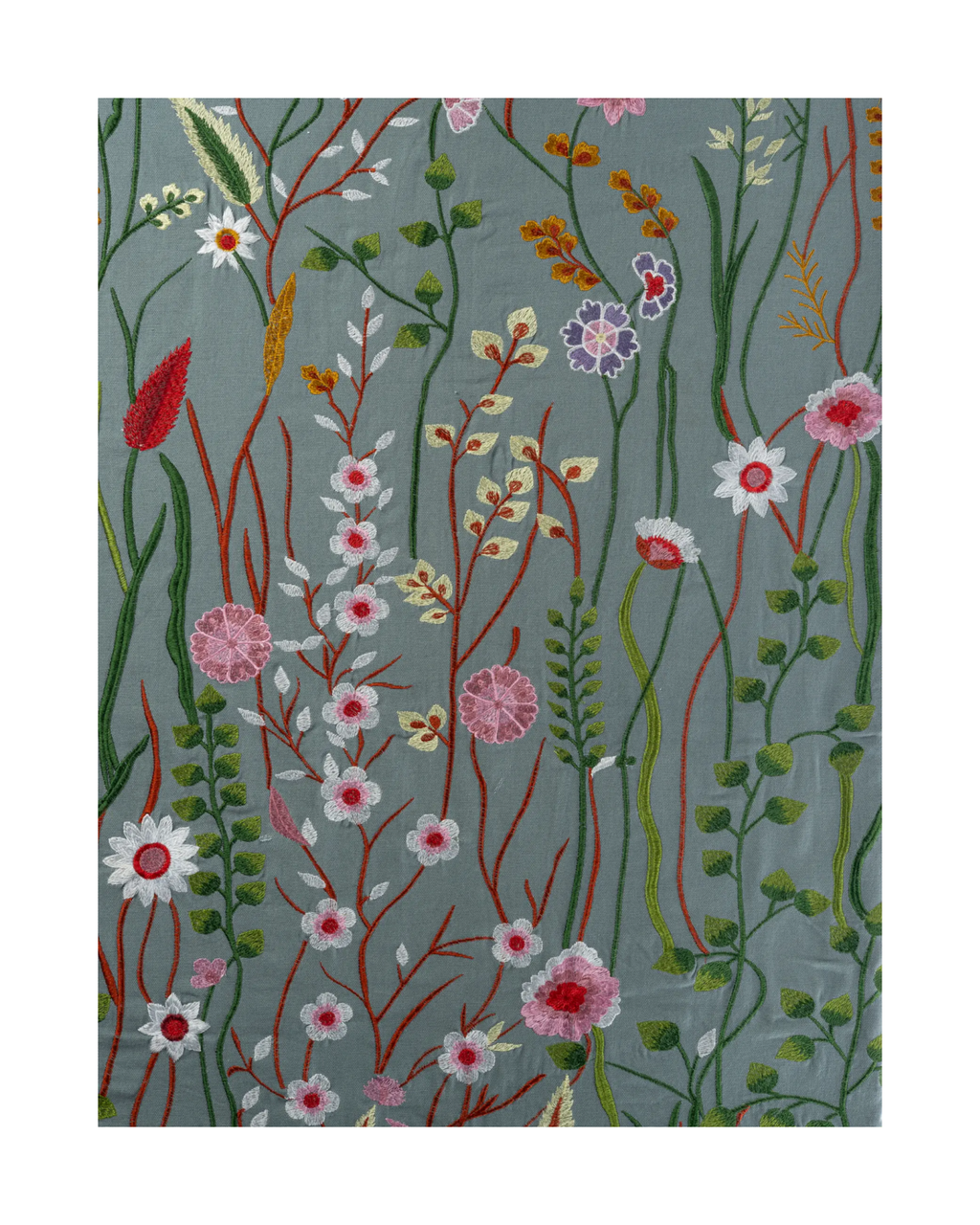 Embroidered cotton tablecloth, floral design, blue-green