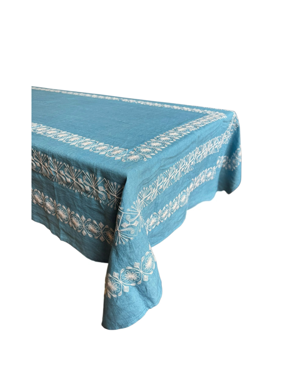 Hand-embroidered linen tablecloth, blue and white