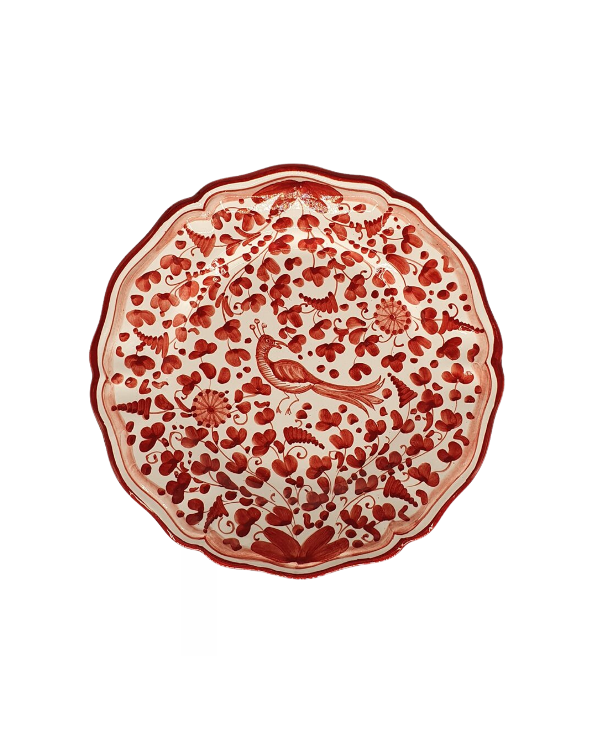 Handbemalter Keramik Dessertteller Vogel und Blumen Rot-Weiß
