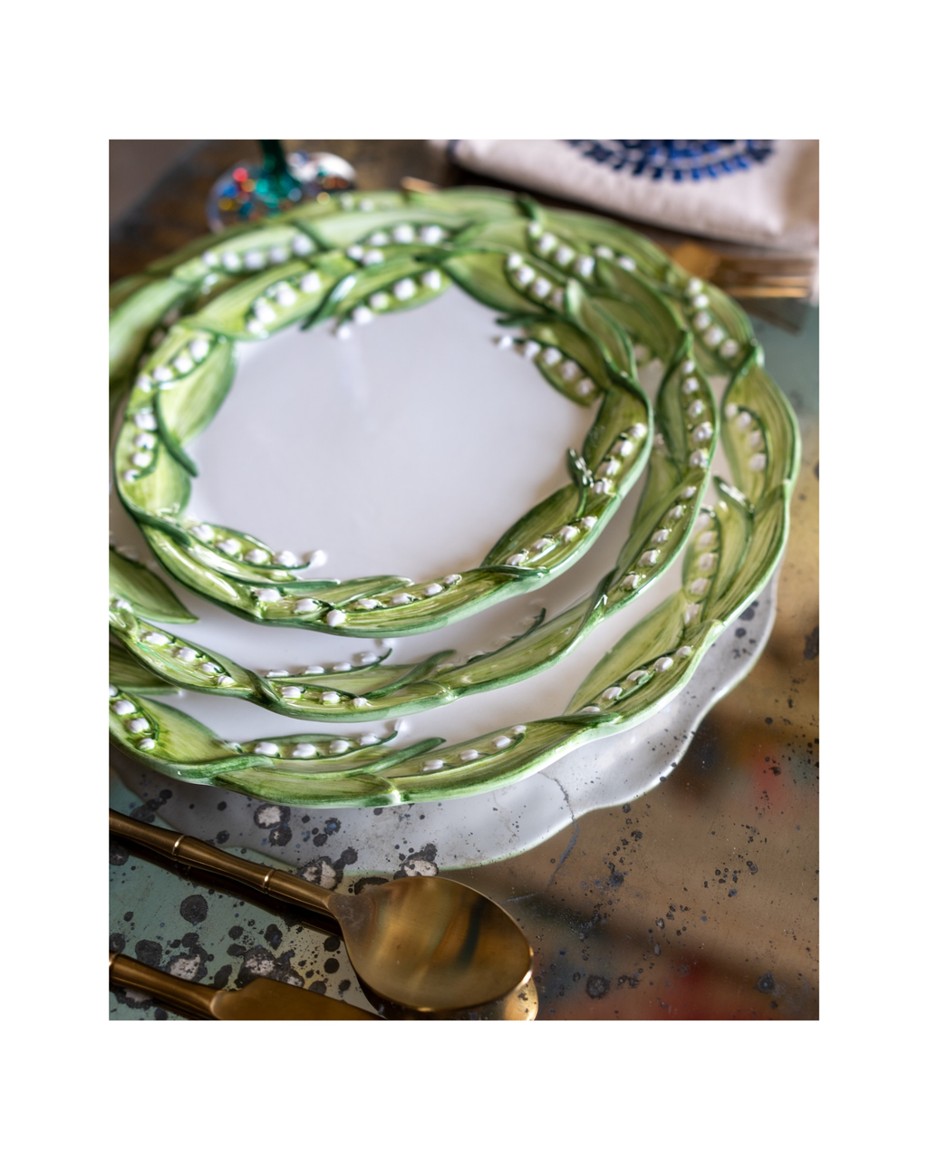 Hand-painted ceramic charger plate, lily of the valley
