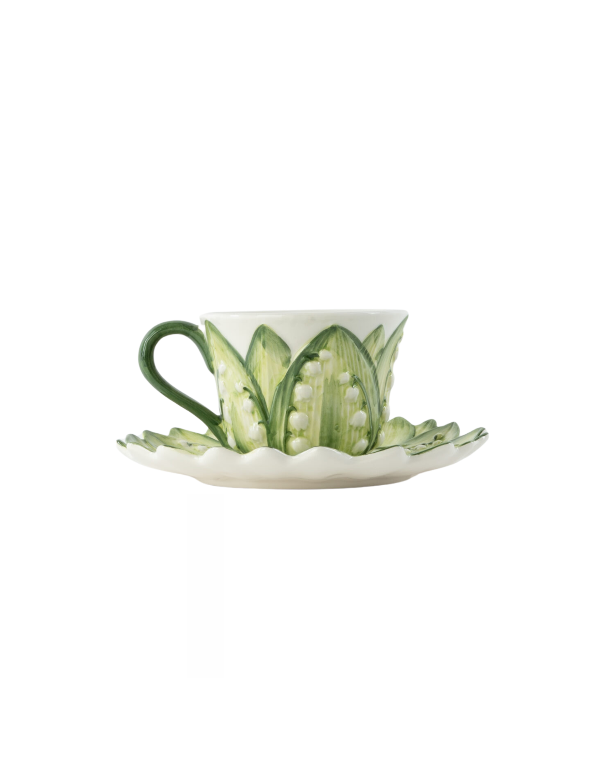 Handbemalte Keramik Teetasse mit Untertasse Maiglöckchen