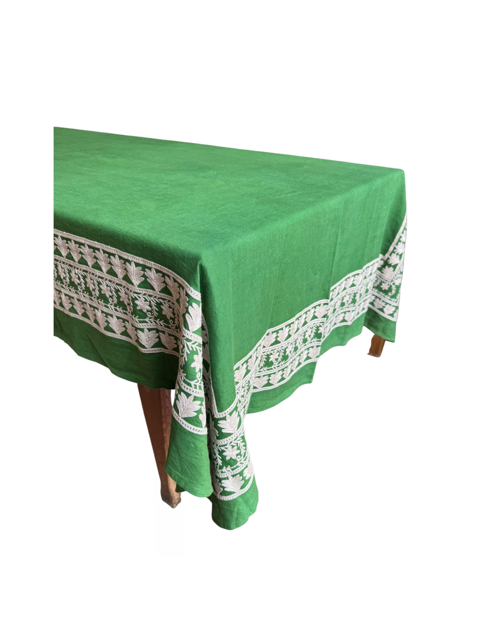 Hand-embroidered linen tablecloth, green and white