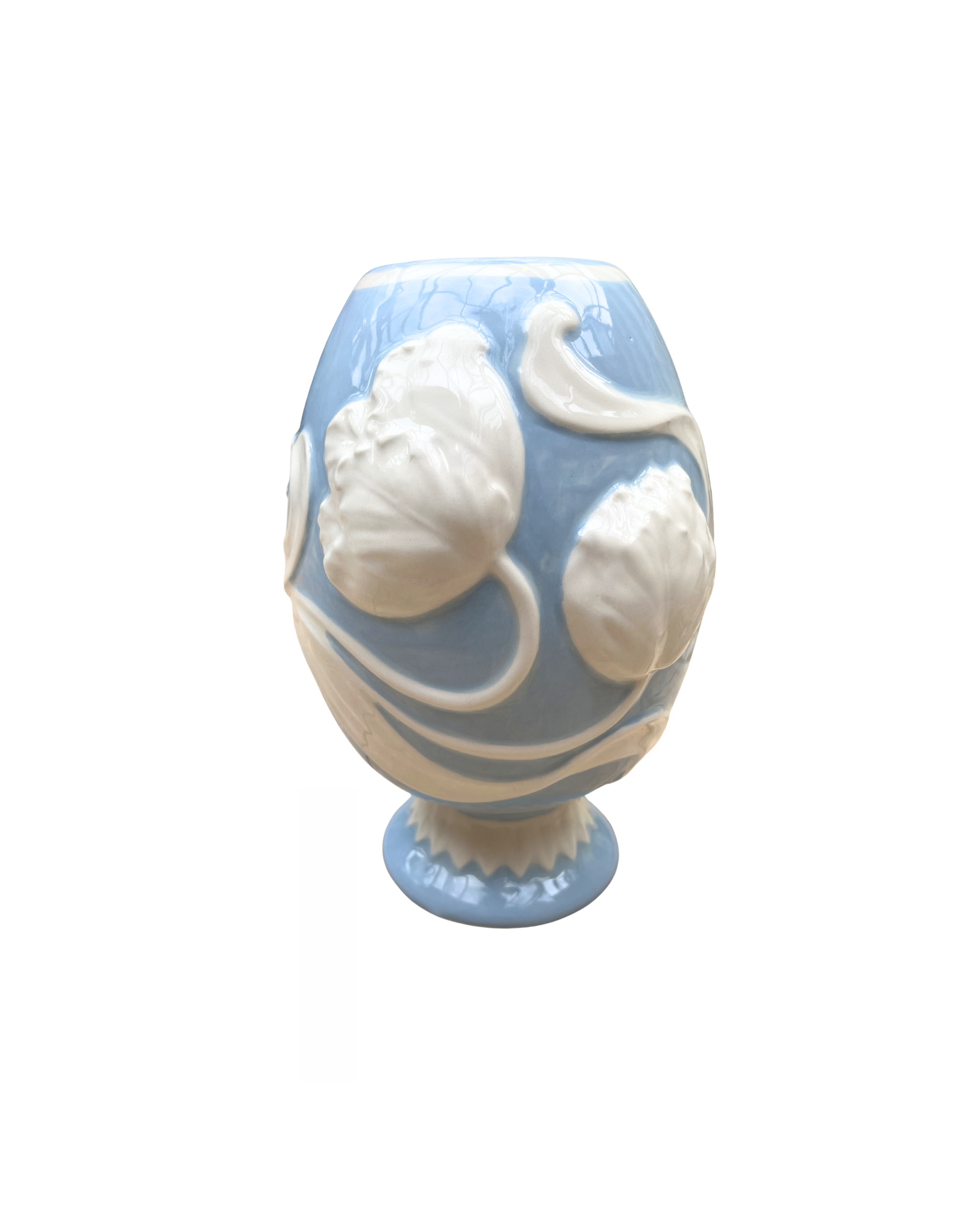 Ceramic vase with floral relief, blue and white