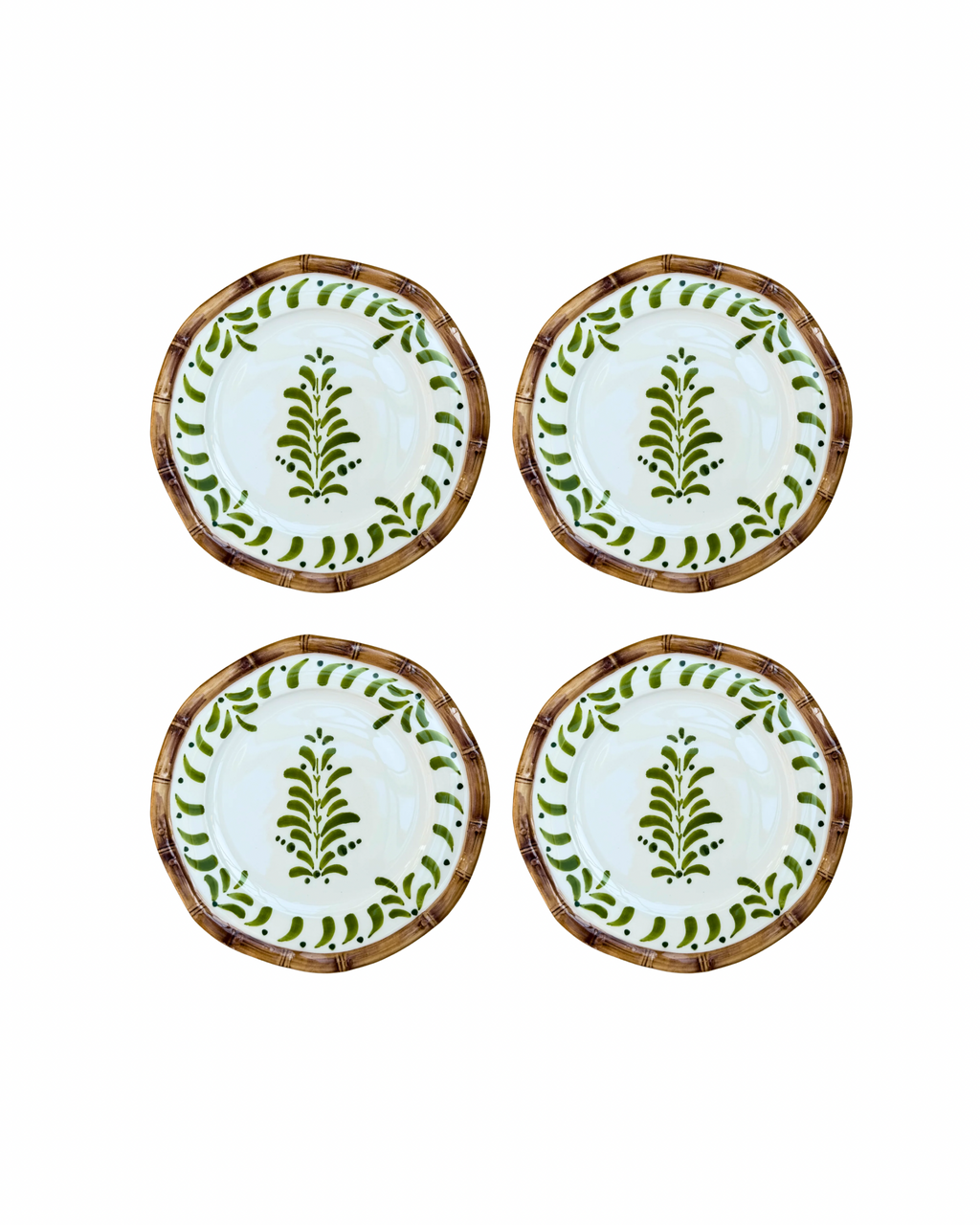Handbemalter Dessertteller aus Keramik mit Bambusmotiv - grün glasiert, 4er Set
