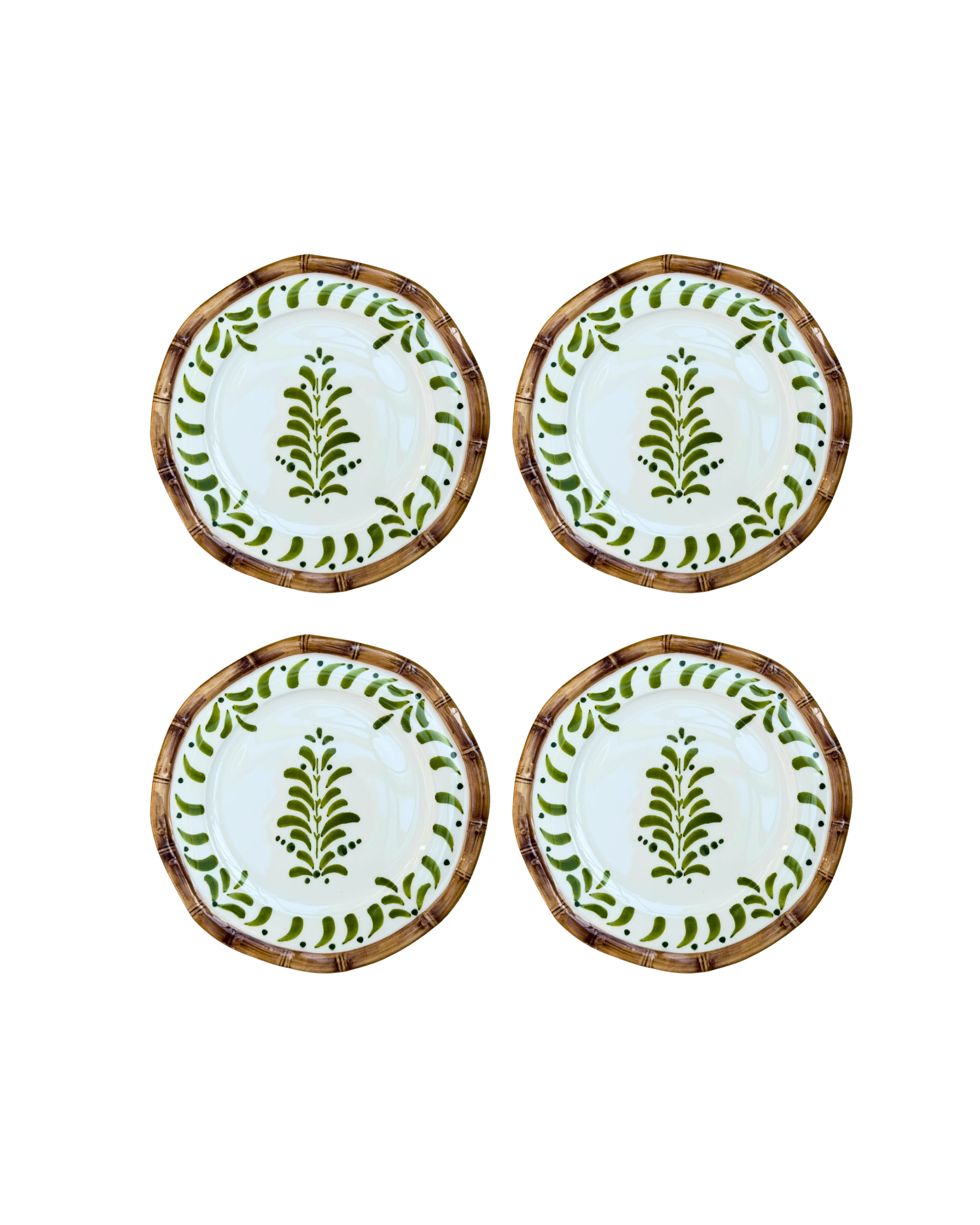 Handbemalter Dessertteller aus Keramik mit Bambusmotiv - grün glasiert, 4er Set