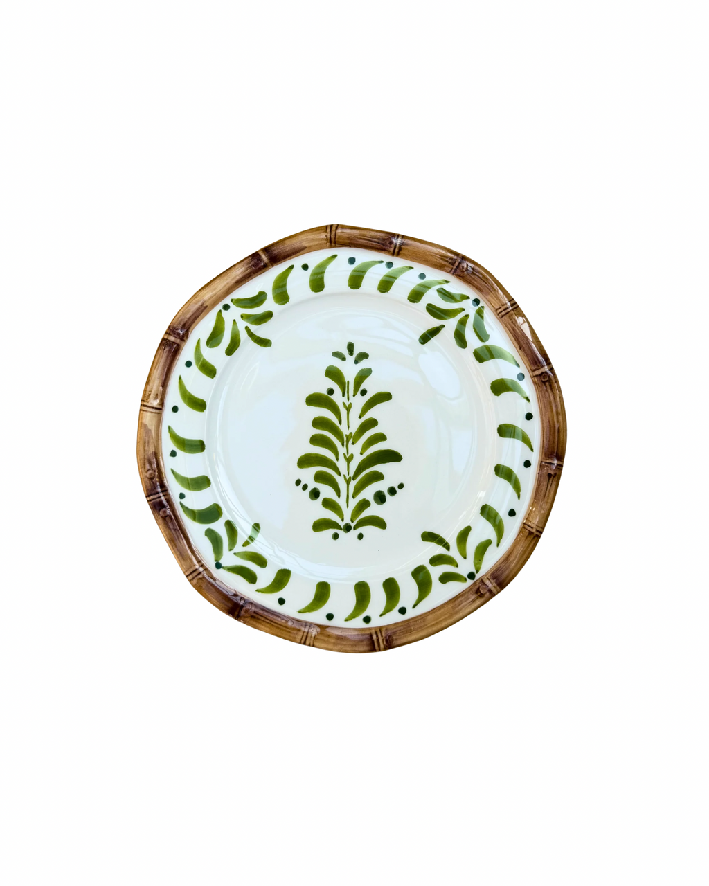 Handbemalter Dessertteller aus Keramik mit Bambusmotiv - grün glasiert, 4er Set