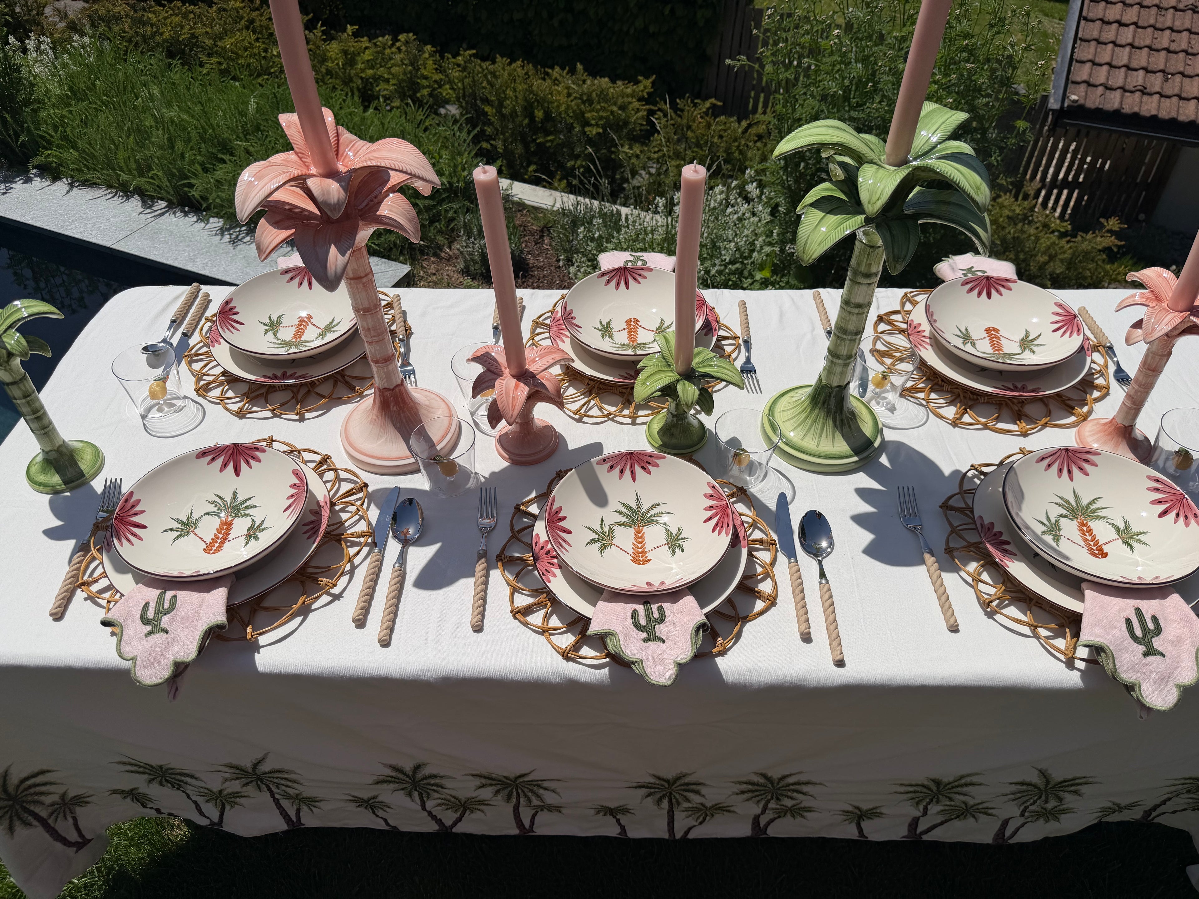 Stoffserviette mit Kaktusstickerei Rosa-Grün, 2er Set