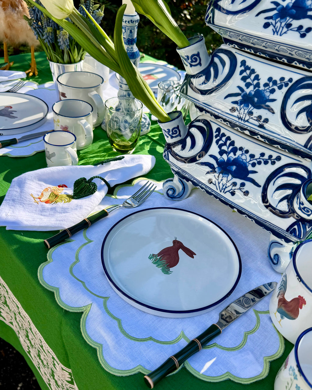 Hand-embroidered linen tablecloth, green and white