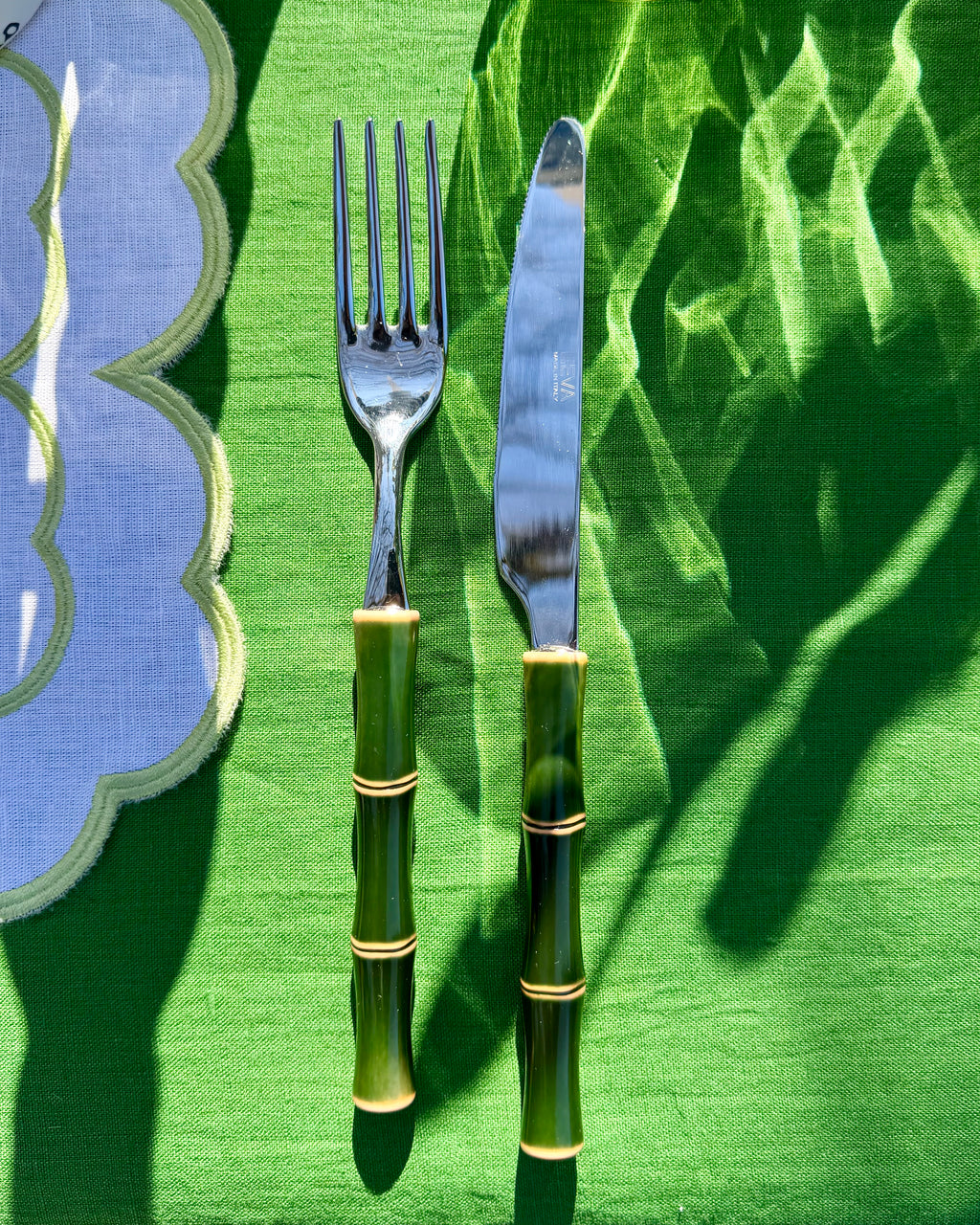 Hand-embroidered linen tablecloth, green and white