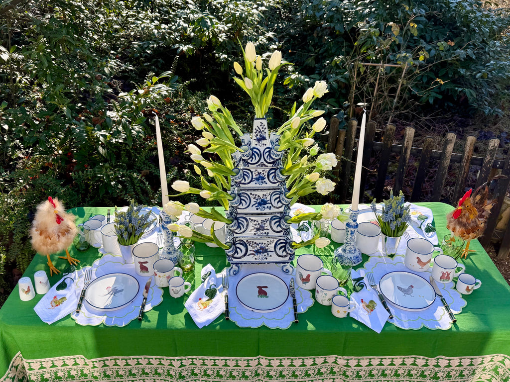 Hand-embroidered linen tablecloth, green and white